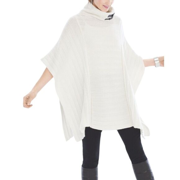 Chico’s Black Label Wool Cream Cashmere Blend Turtleneck Poncho Cape Buckle‎ S/M - Picture 2 of 13